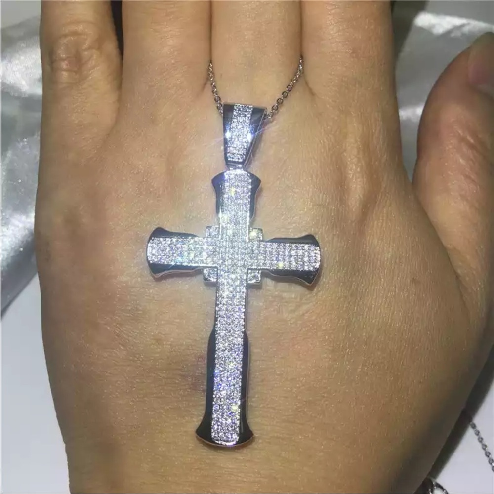 New Luxury 925 Silver Cross Men Women Diamond Necklace - Picture 3 of 16